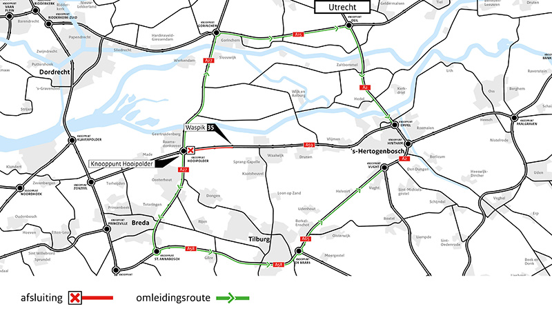 Omleidingskaart tijdens werkzaamheden A59 richting ’s-Hertogenbosch tussen knooppunt Hooipolder en afrit Waspik (35) 